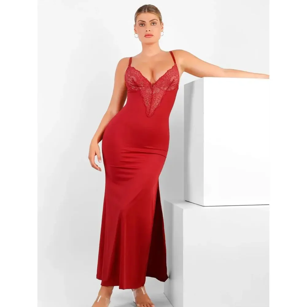 NWT Popilush Shapewear Lace V Neck Side Slit Slimming Maxi Slip Dress Sz XL - Picture 3 of 6